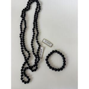 Black Onyx Matte Bead Necklace Bracelet Set Womens Stone Jewelry Long Strand